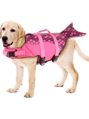 Dog Life Jacket Mermaid Print with Rescue Handle for Safety Boat Size L Pink